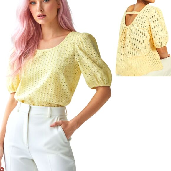 LOFT Tops - New Loft Eyelet Cutout Back Bubble Sleeve Top Butter Yellow